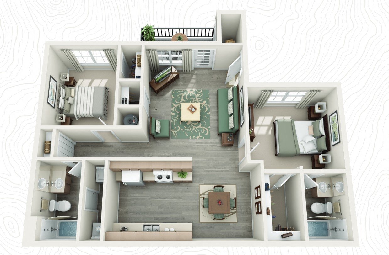 Floor plan for 2 beds, 2 baths, 964 sqft